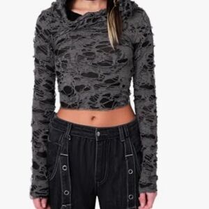 Womens Street Wear Grunge Goth Long Sleeve Distressed Crop Top